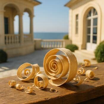 Plane curls across a timber board on the bench