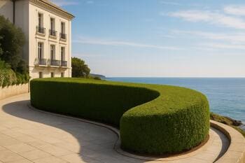 Curving hedge that softens coastal wind next to glass