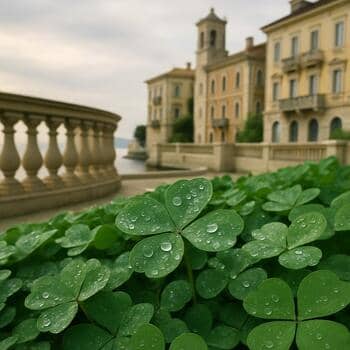 Close dew over clover at the foot of the hedge