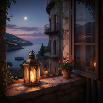 Small lantern on a sill casting gentle evening light