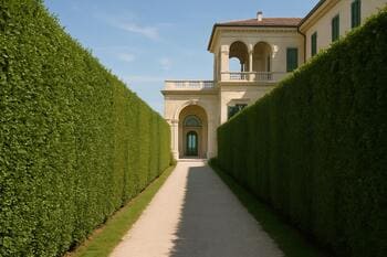 Narrow corridor between hedge and glass with a sheltered path