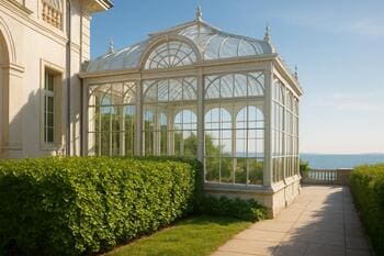Sunlit conservatory panes beyond a thick hedgerow along the coast