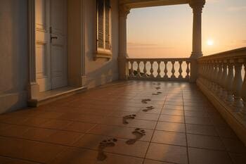 Faint footmarks at dawn across the porch threshold