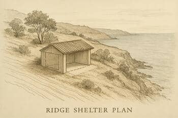 Plan sketch of a coastal conservatory tucked into a ridge