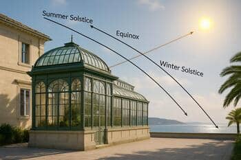 Diagrammatic view of seasonal sun angles over a coastal conservatory