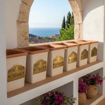 Labeled storage bins arranged on open shelves