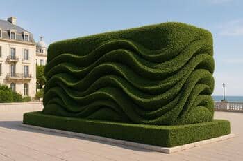 Hedge forming flowing wind ribbons beside glass
